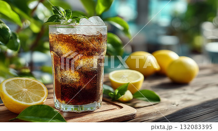 レモンと氷が爽やかに香るアイスコーラ|夏の清涼感を演出するドリンクシーン レモンと氷が爽やかに香るアイスコーラ|夏の清涼感を演出するドリンクシーン 132083395