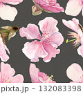 Sakura flowers seamless pattern watercolor, pink tones, hand-painted in natural botanical style isolated on grey background. Perfect for wedding invitations, spring cards, packaging, textile design. 132083398