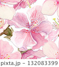Sakura flowers seamless pattern watercolor, pink tones, hand-painted in natural botanical style isolated on white background. Perfect for wedding invitations, spring cards, packaging, textile design. 132083399
