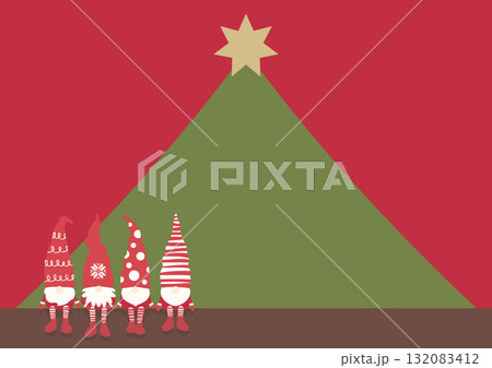 クリスマスツリーの前で座る北欧の妖精トムテをあしらったクリスマス用背景ベクターイラスト クリスマスツリーの前で座る北欧の妖精トムテをあしらったクリスマス用背景ベクターイラスト 132083412
