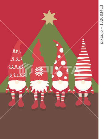 クリスマスツリーの前で座る北欧の妖精トムテをあしらったクリスマス用背景ベクターイラスト 132083413