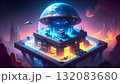 Isometric AI Factory Producing Glowing Data Blocks. AI themed Background. Generated Image 132083680