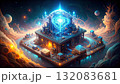 Isometric AI Factory Producing Glowing Data Blocks. AI themed Background. Generated Image 132083681