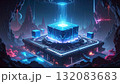 Isometric AI Factory Producing Glowing Data Blocks. AI themed Background. Generated Image 132083683