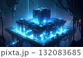 Isometric AI Factory Producing Glowing Data Blocks. AI themed Background. Generated Image 132083685
