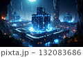 Isometric AI Factory Producing Glowing Data Blocks. AI themed Background. Generated Image 132083686