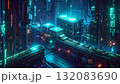 Isometric AI Factory Producing Glowing Data Blocks. AI themed Background. Generated Image 132083690