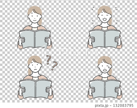 Illustration set of a young woman reading a book 132083795