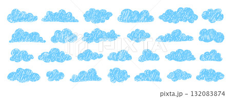Hand drawn clouds in pastel colors. Childish pencil doodles with crayon textures. Playful sketched elements for kids designs. Set of sky symbols. Vector illustration 132083874