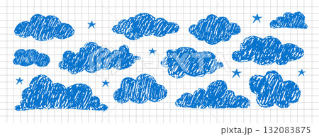 Playful clouds with rough texture. Sketchy hand drawn weather elements for invitations or posters. Vector illustration on checkered notebook sheet. Sky elements with stars Playful clouds with rough texture. Sketchy hand drawn weather elements for invitations or posters. Vector illustration on checkered notebook sheet. Sky elements with stars 132083875