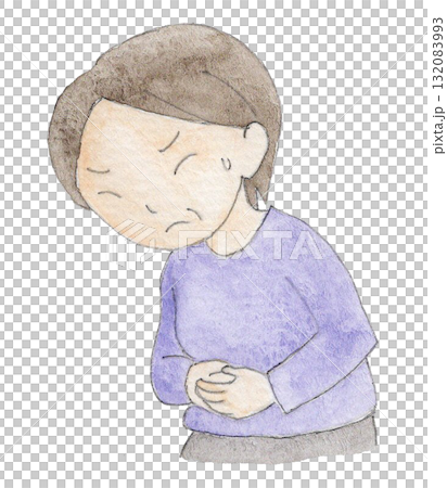 Illustration of an elderly woman holding her stomach in pain 132083993