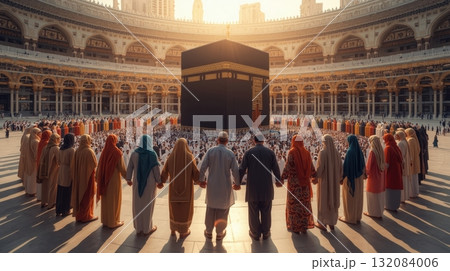 Group of diverse individuals holding hands in a sacred space in Mecca, surrounded by architectural beauty, embodying unity and spiritual connection 132084006