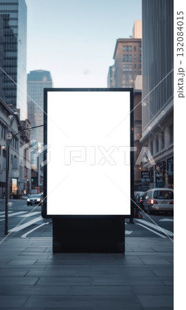 Blank advertising billboard with copy space in urban setting, surrounded by buildings and street activity, ideal for promotional design purposes 132084015