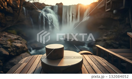 An old wooden barrel, drum, and chair sit on the wet rocks near a flowing waterfall in a green forest. An old wooden barrel, drum, and chair sit on the wet rocks near a flowing waterfall in a green forest. 132084052