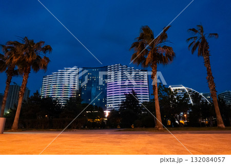 Illuminated hotel at night in Batumi, Georgia. first line by the sea 132084057