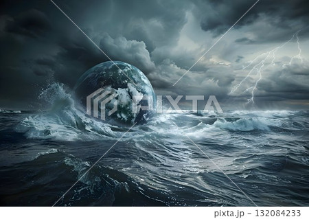 Earth slowly raging ocean, symbolizing rising sea levels and climate change 132084233