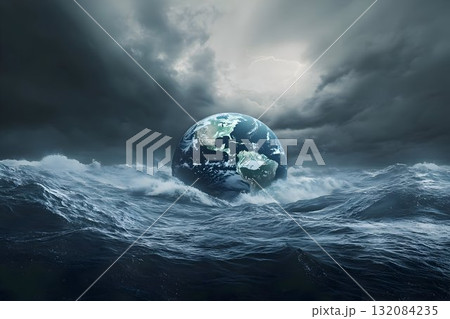 Earth slowly raging ocean, symbolizing rising sea levels and climate change 132084235