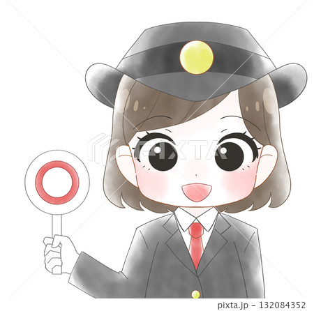 長袖の制服を着た女性駅員のかわいい水彩風イラスト 132084352
