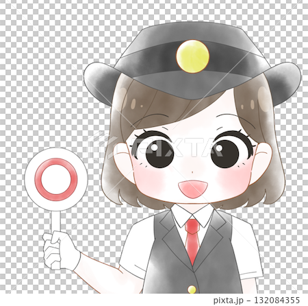 身穿短袖制服的女車站工作人員的可愛水彩插圖 身穿短袖制服的女車站工作人員的可愛水彩插圖 132084355