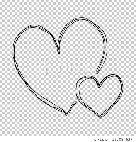手繪線條圖標，兩顆心，一大一小，依偎在一起。單色塗鴉向量插圖，帶有多條重疊線條 132084637