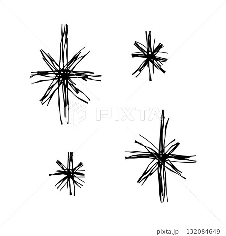 キラキラのエフェクトの手描きの線画アイコン。複数の線が重なったモノクロの落書きベクターイラスト キラキラのエフェクトの手描きの線画アイコン。複数の線が重なったモノクロの落書きベクターイラスト 132084649