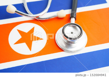 North Korea flag with black stethoscope, Business and finance concept. 132084941