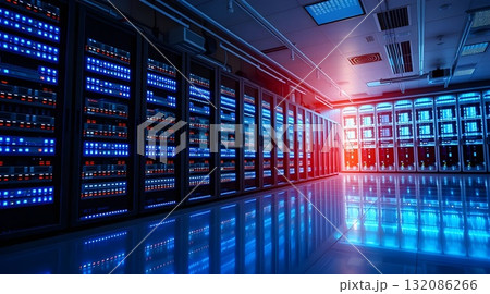 Computer network server room with server racks and modern interior design. 132086266
