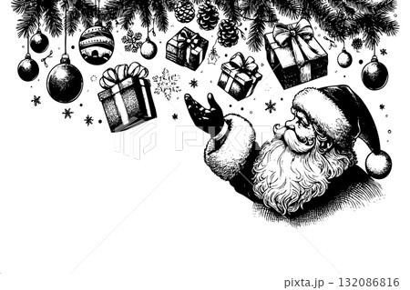 Black and white drawing of Santa Claus holding a box of presents Black and white drawing of Santa Claus holding a box of presents 132086816