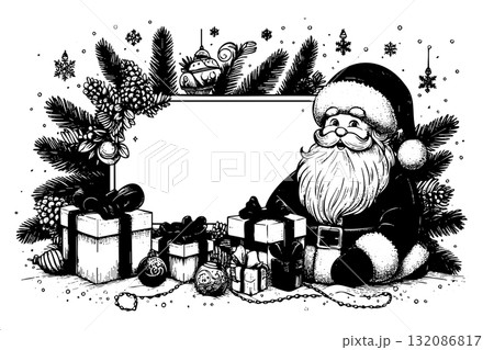 Black and white drawing of Santa Claus sitting on a Christmas tree 132086817