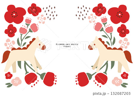 馬とお花のフレーム　赤 132087203