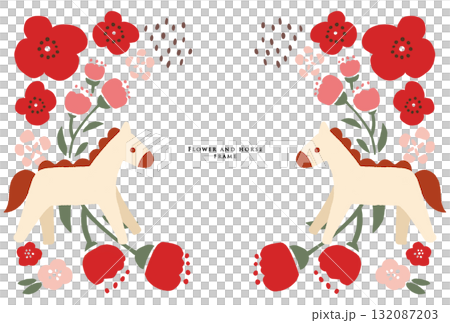 馬とお花のフレーム　赤 132087203