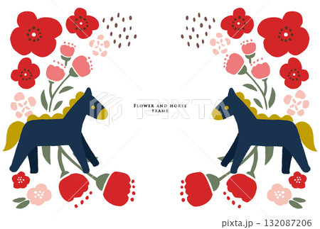 馬とお花のフレーム　赤 132087206