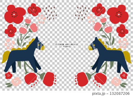馬とお花のフレーム　赤 132087206