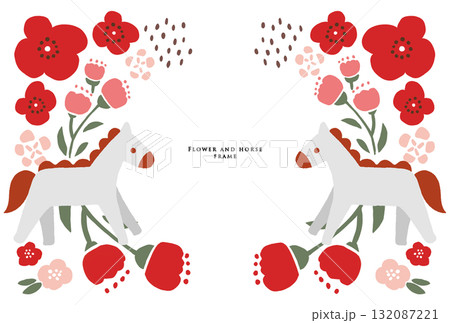 馬とお花のフレーム　赤 132087221