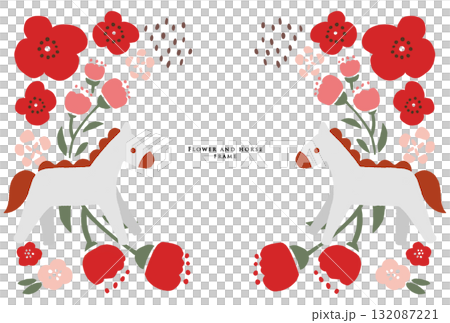 馬とお花のフレーム　赤 132087221