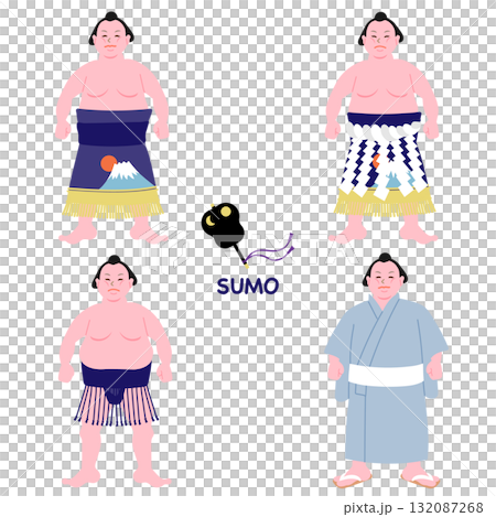 相撲選手的四個圖案（mawashi、kesomawashi、yokozuna、yukata）和扇子的向量插圖 132087268