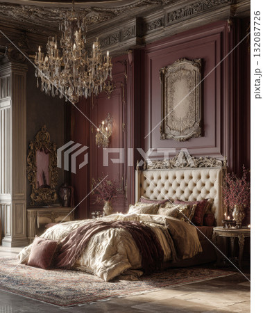 lavish, dark, luxurious bedroom with wine-red and gold baroque paneling, and an ornate crystal chandelier. A tufted beige headboard and sumptuous bedding on a large bed create dramatic, regal interior lavish, dark, luxurious bedroom with wine-red and gold baroque paneling, and an ornate crystal chandelier. A tufted beige headboard and sumptuous bedding on a large bed create dramatic, regal interior 132087726