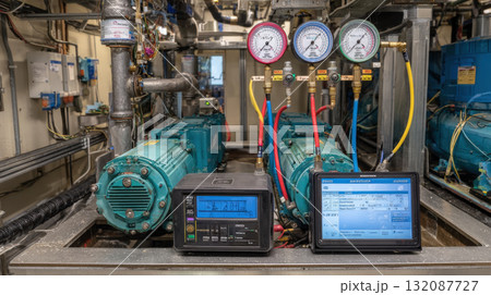 Detailed shot of a complex industrial machine room. Two large teal motors are in the background, with bright analog pressure gauges and two digital monitoring devices in the foreground 132087727