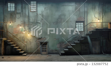 dark, atmospheric interior or urban space featuring a heavily weathered wall with peeling green paint, exposed red brick, multiple windows with grates. The scene includes two rough concrete staircases 132087752