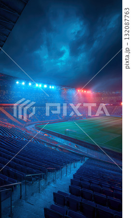 Dramatic vertical shot of a large, mostly empty stadium at night with blue seating, a green pitch, moody, cloudy sky, illuminated by bright blue and red floodlights creating dark, electric atmosphere 132087763