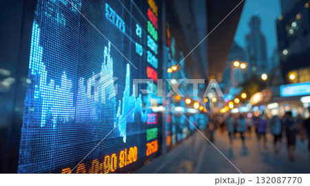 Close-up of large LED screen displaying dynamic stock market graphs and data in blue, red against the blurred backdrop of busy city street and pedestrians at night, representing finance and business 132087770