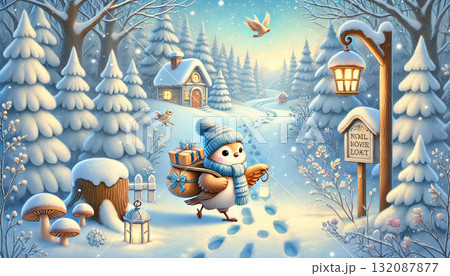 雪の森をランタンで照らしながら贈り物を届けるマフラー姿の小鳥と暖かな家の冬のメルヘンイラスト 雪の森をランタンで照らしながら贈り物を届けるマフラー姿の小鳥と暖かな家の冬のメルヘンイラスト 132087877