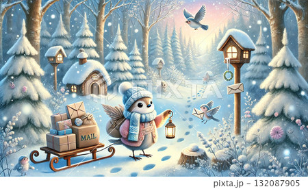 雪の森で手紙を届ける小鳥たちとランタンを持つ可愛い郵便配達の冬ファンタジーイラスト 132087905