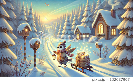 雪に包まれた森の小道をランタンを持って郵便を届ける可愛い小鳥の冬のファンタジーイラスト 132087907