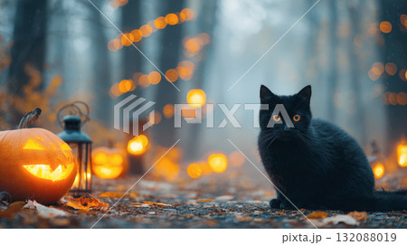 An atmospheric Halloween portrait of a gorgeous black cat with bright orange eyes, sitting in an autumn forest next to a glowing jack-o'-lantern. Ethereal fog and warm bokeh lights create a mysterious 132088019