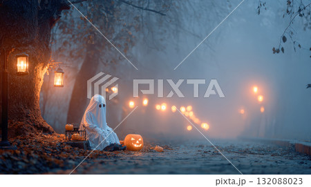 An atmospheric Halloween scene: A person in a ghost costume sits near jack-o'-lanterns and glowing lanterns on a foggy, wet autumn night. Path stretches into eerie mist, offering excellent copy space 132088023