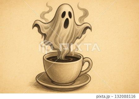 Spooky ghost emerging from hot coffee cup morning surprise concept for Halloween. spirit rises from steam with shocked and paranormal expression Spooky ghost emerging from hot coffee cup morning surprise concept for Halloween. spirit rises from steam with shocked and paranormal expression 132088116
