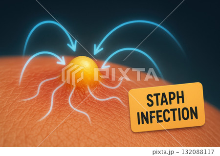 Staph infection educational concept of an inflamed yellow pustule on skin. digital medical diagram shows spread path with arrows, conveying serious health concern 132088117