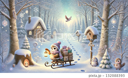 雪に包まれた冬の森の小道をランタンを持ち歩くペンギンの郵便屋さんとかわいい家々の幻想的な風景イラスト 132088393