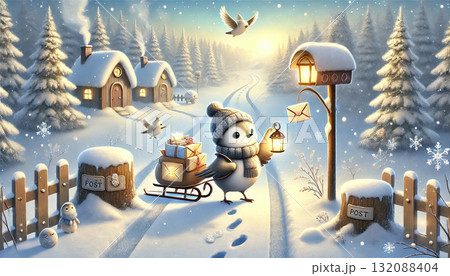 雪の森の郵便ポストに手紙を届ける小鳥の郵便屋さんと朝日に照らされた冬の村のかわいいイラスト風景 132088404